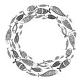 School of fish. A group of stylized fish swimming in a circle. Black and white fish for children with ornaments. Marine