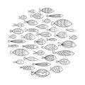 School of fish. A group of stylized fish swimming in a circle. Black and white fish for children with ornaments. Marine