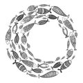 School of fish. A group of stylized fish swimming in a circle. Black and white fish for children with ornaments. Marine