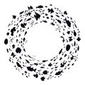 School of fish silhouettes. Sea round fishes colony, ocean fish schools, cute little fishes swim in circle isolated Royalty Free Stock Photo