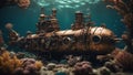 school of fish A steampunk scene of a submarine exploring a coral reef, with metal fish and gears swimming around