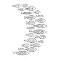 School of fish. Stylized group of stylized fishes swimming in the pack. Decorative aquarium fish with patterns.