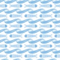 School of fish swimming in painted ocean waves. Vector seamless pattern background. Stylized hand drawn shoal of fishes