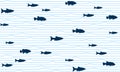 School of fish swimming seamless pattern vector print. Ocean or sea waves, curve stripes background. Royalty Free Stock Photo