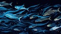 School of fish swimming under water of sea. Underwater life. World ocean day concept. AI illustration for banner Royalty Free Stock Photo