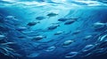 School of fish swimming under water of sea. Underwater life. World ocean day concept. AI illustration for banner Royalty Free Stock Photo