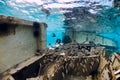 School of fish at wreck of boat underwater in transparent ocean Royalty Free Stock Photo