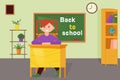 school, school flat illustration, a girl sits at a desk against the background of a blackboard?.