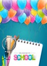 School flyer or poster with colorful flying balloons and study supplies for kids Royalty Free Stock Photo