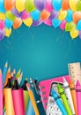 School flyer or poster with colorful flying balloons and study supplies for kids Royalty Free Stock Photo