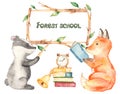 School forest animals watercolor clipart Teachers Day