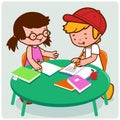 School children at a desk doing their homework. Vector illustration