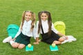 School friends relaxing after classes at school yard, soulmates concept Royalty Free Stock Photo