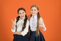 School friendship concept. Cheerful children. Motivation studying with best friend. Girls best friends school uniform Royalty Free Stock Photo