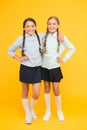 School friendship. Schoolgirls best friends excellent pupils. Schoolgirls tidy appearance school uniform. September Royalty Free Stock Photo