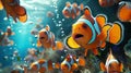 A school of funky clownfish sporting the latest trend tiedye scales and bejeweled fins as they pose for the cameras on