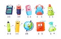 School funny office supplies characters. School stationery mascots with smile faces compass, book, marker, pen, backpack, eraser