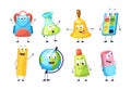 School funny office supplies characters. School stationery mascots with smile faces compass, book, marker, pen, backpack, eraser