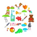 School games icons set, cartoon style