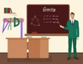 School geometry male teacher in audience class concept. Vector illustration. Royalty Free Stock Photo