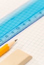 School geometry supplies pencil, rubber and ruler Royalty Free Stock Photo