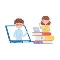 School girl boy laptop and books vector design Royalty Free Stock Photo