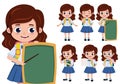 School girl character vector set. Back to school girl student characters in presentation.