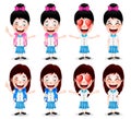 School Girl Characters with Different Facial Expressions and Hand Gestures