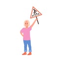 School girl child cartoon character holding pedestrian crossing road traffic sign isolated on white Royalty Free Stock Photo