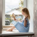 School girl combs her hair sitting on the windowsill, rainy weather outside