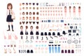 School girl constructor or DIY kit. Set of young female character body parts, facial expressions, uniform isolated on