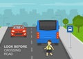 School girl crossing road on bus stop. Look before crossing the road. Road safety rule.