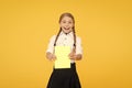 School girl excellent pupil prepared essay or school project. Raising independence. Schoolgirl wear school uniform Royalty Free Stock Photo