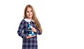 school girl hold biology microscope, copy space. photo of school teen girl with biology microscope.