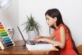 School girl at home on distance education, homeschooling and doing homework at laptop. E-learning, web lesson concept during Royalty Free Stock Photo