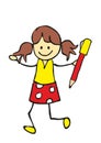 School girl with pen, red and yellow colors, happy kid, vector drawing, eps. Royalty Free Stock Photo