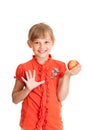 School girl portrait eating red apple isolated Royalty Free Stock Photo