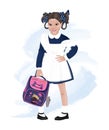 School girl, pupil holding purple backpack
