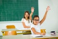 School girl raised hands in class Royalty Free Stock Photo