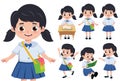 School girl student character vector set. Student girl for back to school elementary characters.