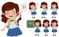 School girl student character vector set. School girl student characters in happy face.