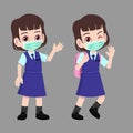 School girl uniform going to school with medical mask