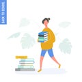 School girl walking with books from library, child or student going to school, college or university. Science and education Royalty Free Stock Photo