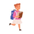 School girl walking with books and schoolbag. Happy kid first-grader going with bag and textbooks. Child schoolgirl running from Royalty Free Stock Photo