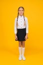 School girl wear uniform. pretty little girl ready to study. back to school. education online while quarantine. learning