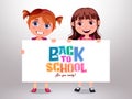 School girls character vector design. Back to school text in white board with female student in standing, showing and holding. Royalty Free Stock Photo