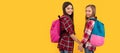 School girls friends. children with school bag. cute teen girls carry backpack. back to school. Banner of school girl Royalty Free Stock Photo