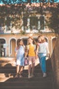 School girls going to home after school. Three little school girls walking and holding hands Royalty Free Stock Photo