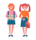 School Girls with Pile of Books in Hands Rucksack