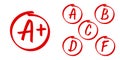 School grade results vector icons. Letters and plus grades marks red circle